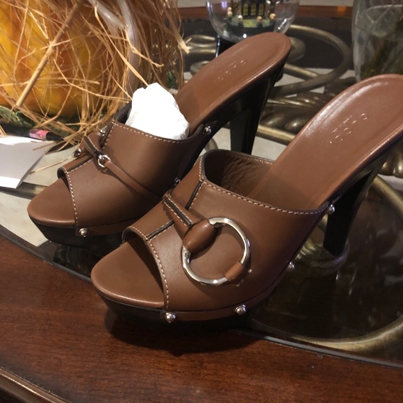 Gucci Brown leather icon platform clogs - Picture 1 of 1